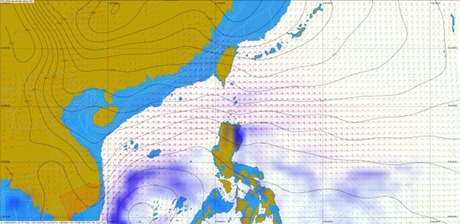 Weather model for at 0700 UTC on February 18, 2012, showing a monsoon sweeping through the South China Sea. © Volvo Ocean Race http://www.volvooceanrace.com